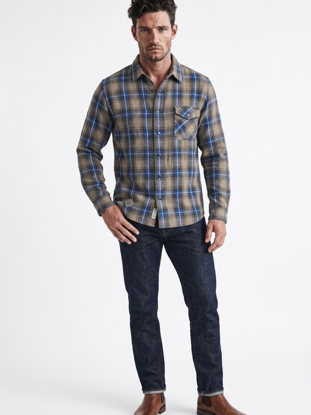 Vintage Nike 6.0 Flannel Shirt Mens Large Plaid Snap Up Blue Tan